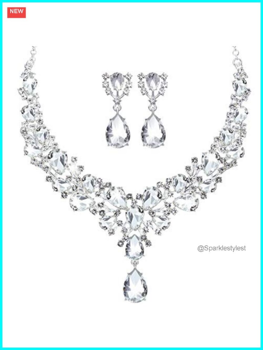Teardrop Cluster Crystal Necklace and Earrings Jewelry Set for Women